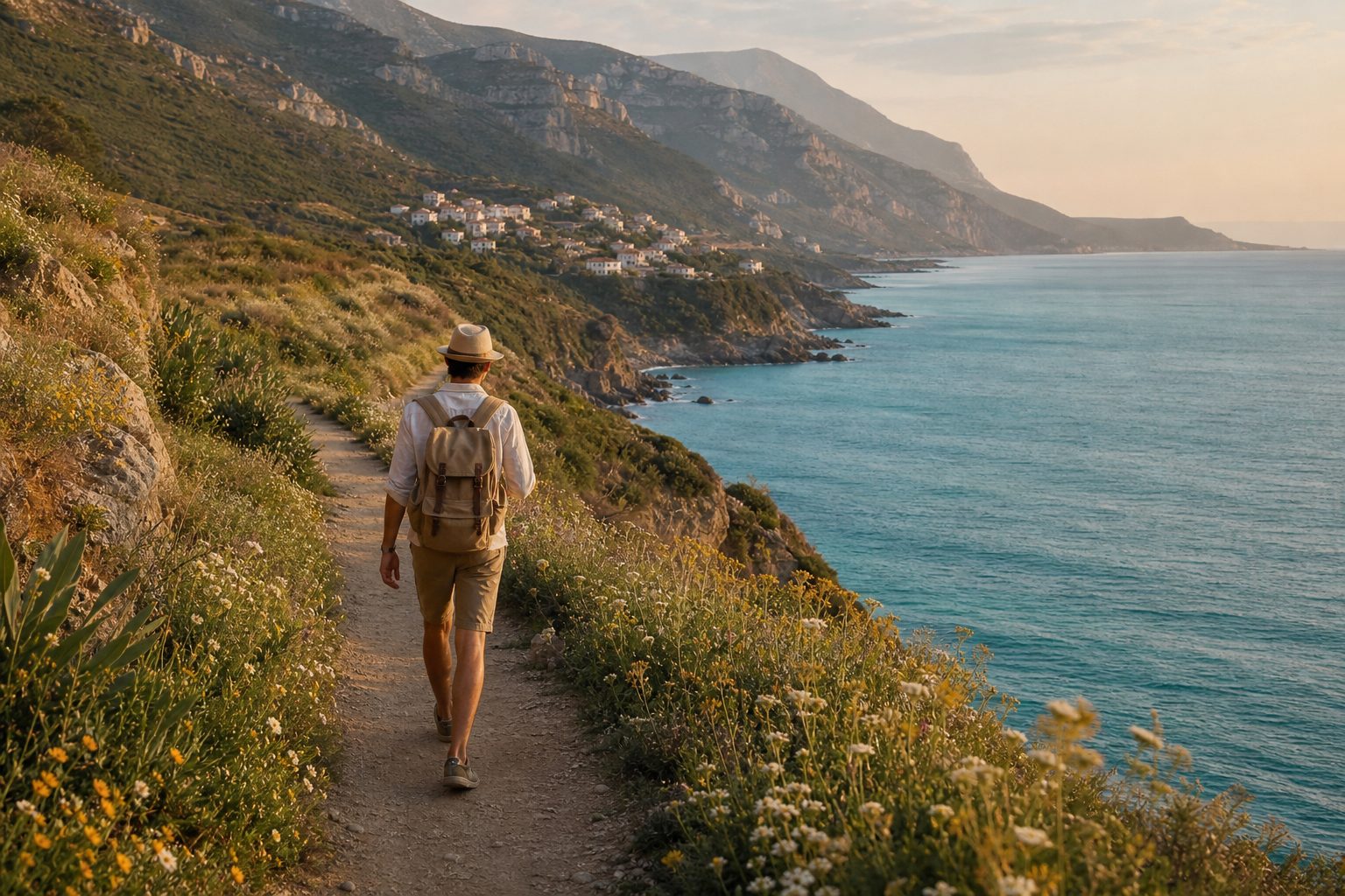 A traveler walking a remote coastal path