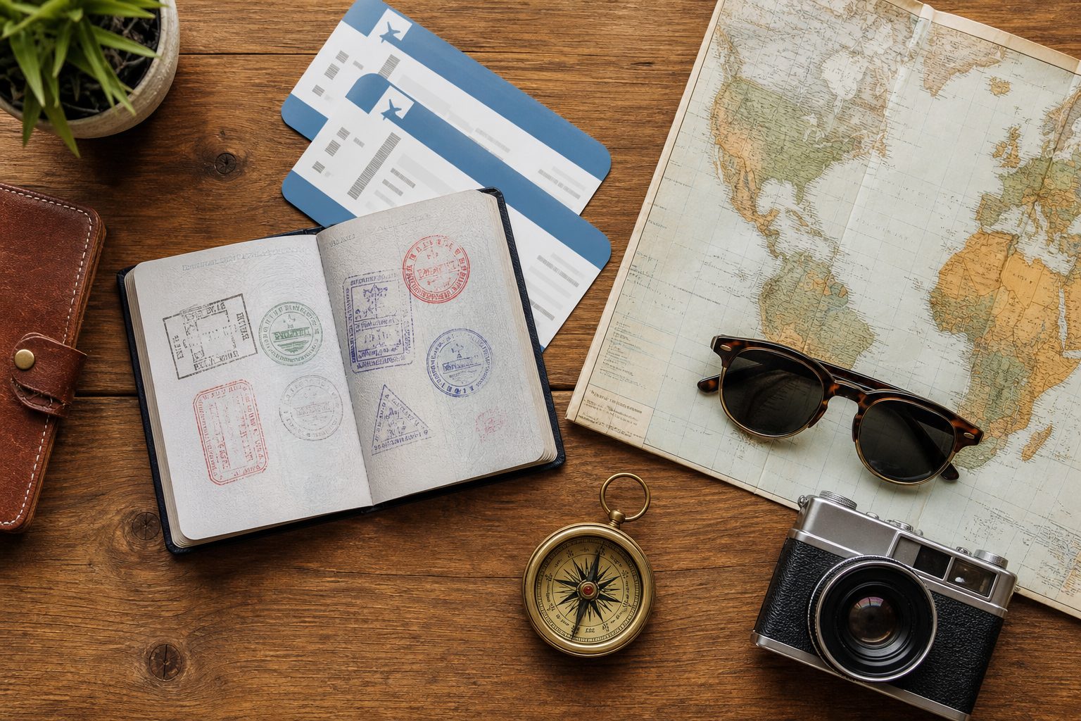 An open passport with stamps, two boarding passes, a world map, compass and camera